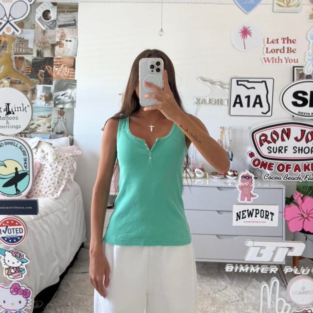 Rare Brandy Melville Teal Ribbed Button Tank Top - Picture 3 of 7